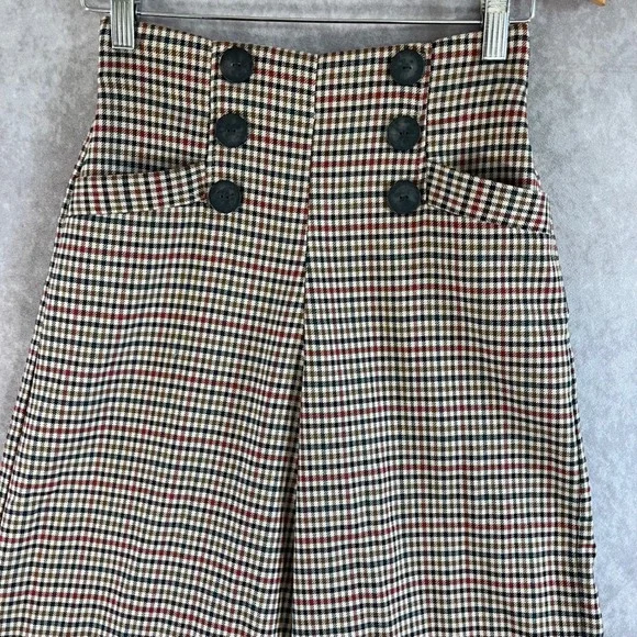 Zara Plaid Wide Leg Trousers Womens XS Brown High Waist Button Detail Check - Picture 3 of 11